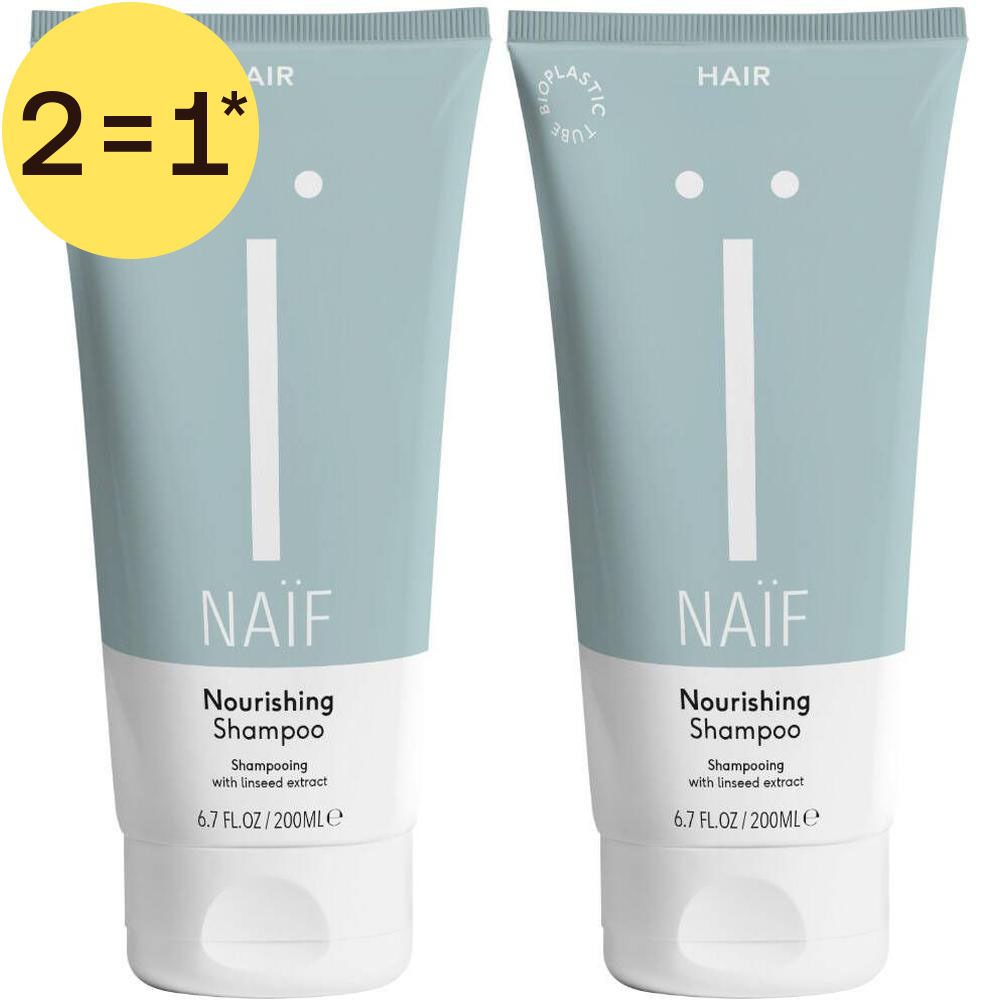Twee flessen Naïf Nourishing Shampoo, elk 200ml. Lichtblauwe verpakking met witte opdruk.