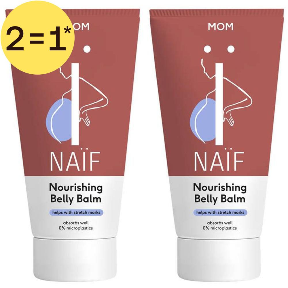 Deux tubes de Naïf Nourishing Belly Balm avec une illustration de femme enceinte.