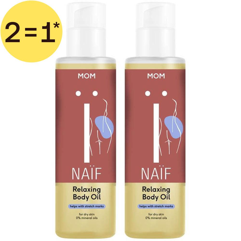 Twee flessen Naïf Relaxing Body Oil met pompdop. Het etiket toont een gestileerde figuur en de tekst 'MOM'.