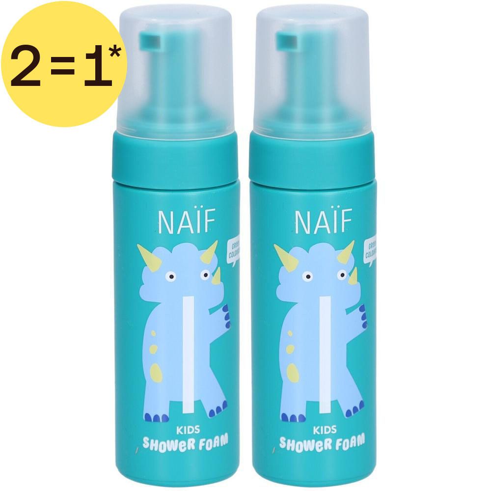 Twee turquoise flessen Naïf Kids Doupschuim met dinosaurusprint. "2=1"-sticker in een cirkel.