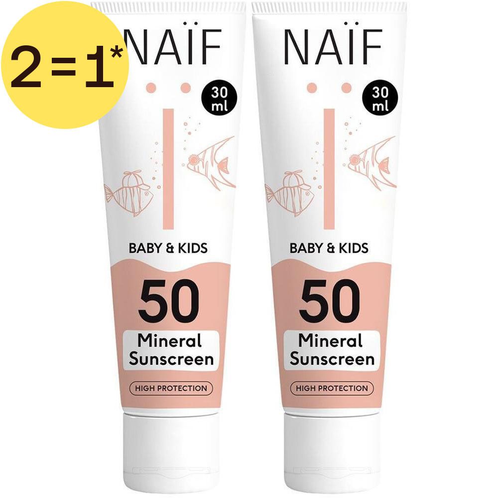 Deux tubes de crème solaire minérale Naïf Baby & Kids SPF50, 30ml.
