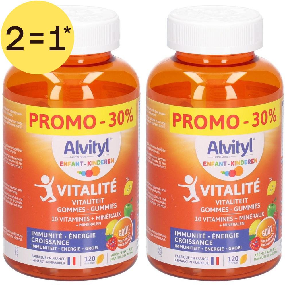 Deux flacons Alvityl Vitalité Gommes pour enfants. Promo -30%. 10 vitamines + minéraux.