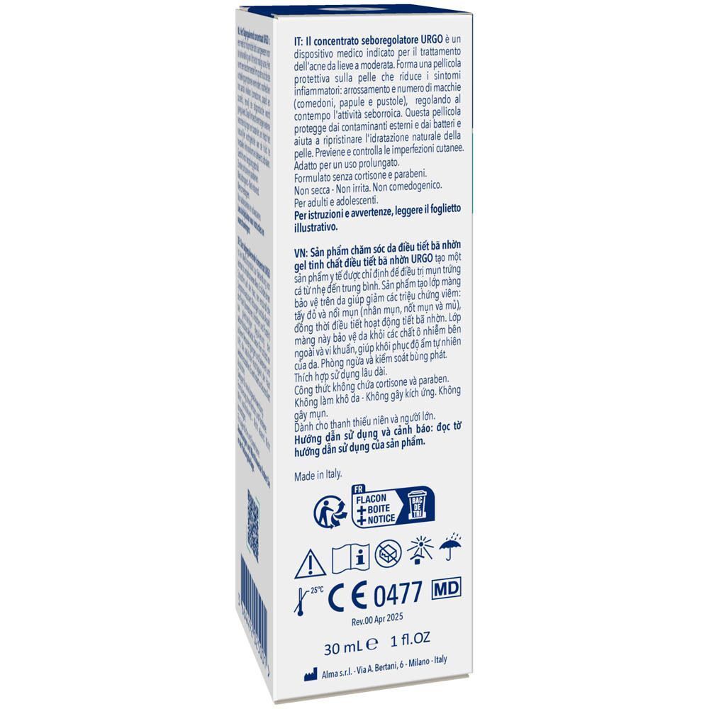 Zijkant verpakking URGO Acné Behandeling Concentraat Sebo-Regulerend, CE-markering, 30ml.