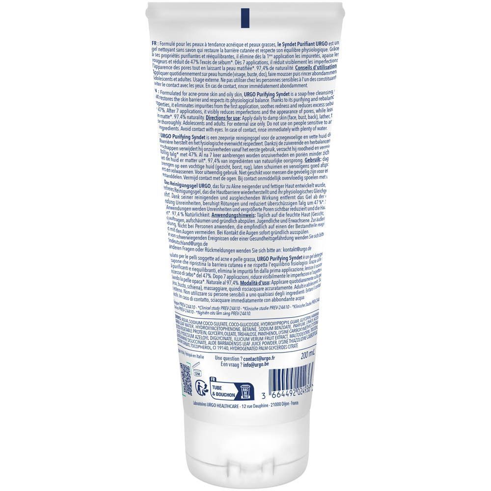 Achterkant van een tube Urgo Anti-Imperfections Syndet Purifiant met gebruiksinstructies.