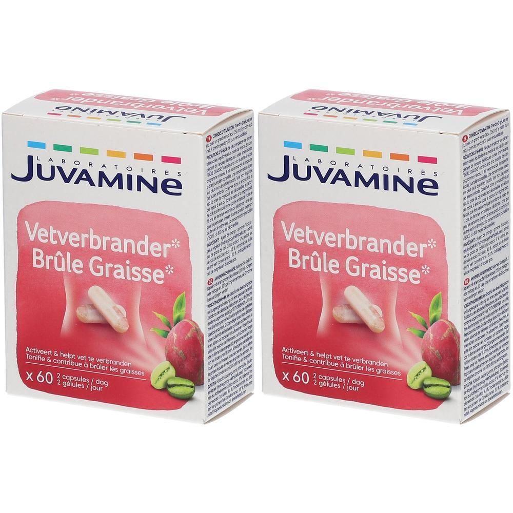 Deux boîtes de gélules Juvamine Brûle Graisse, chacune contenant 60 gélules.