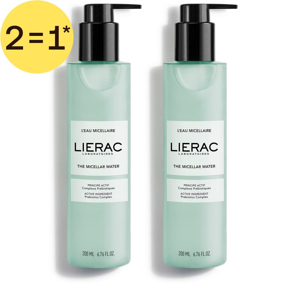 Deux flacons de Lierac Eau Micellaire avec pompes.