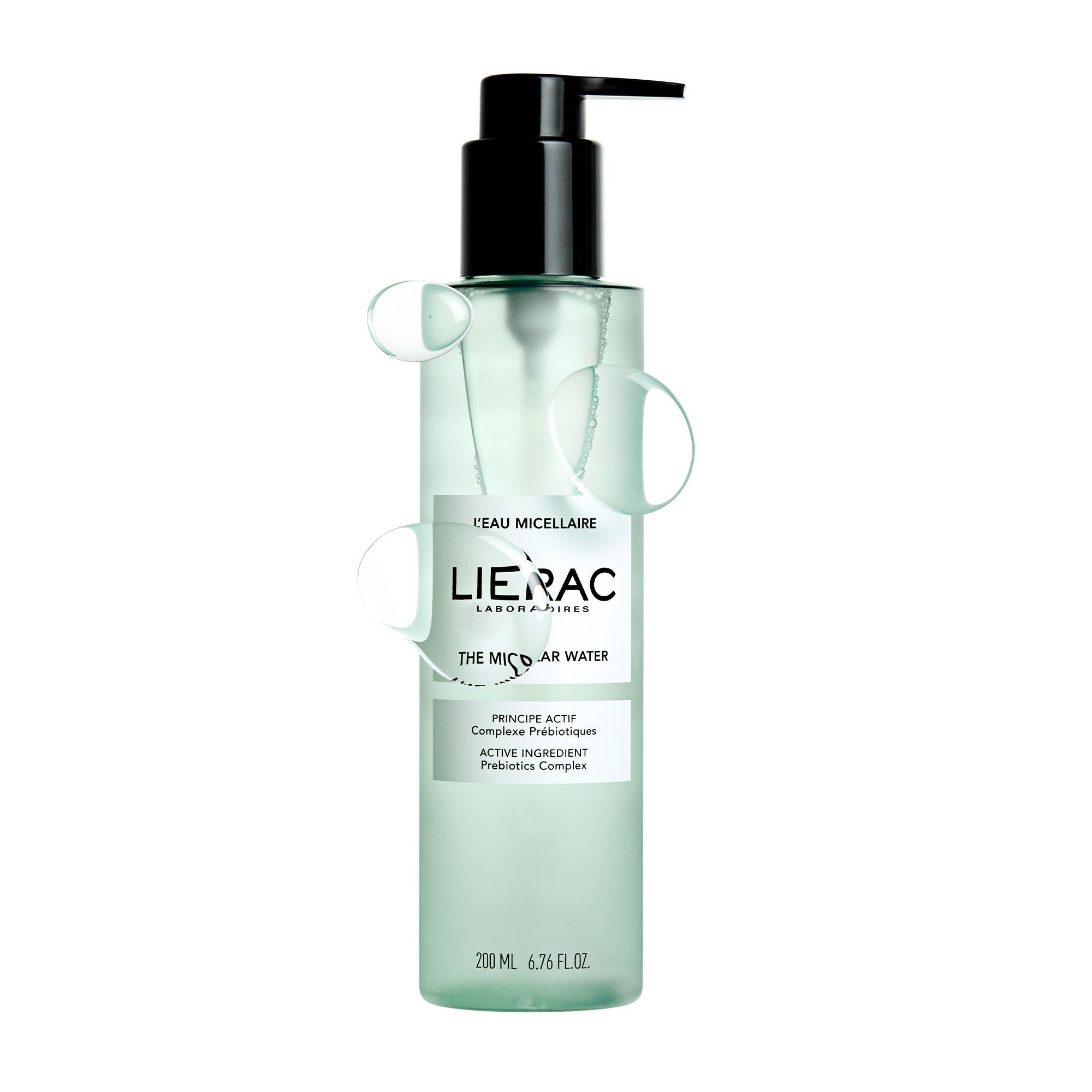 Un flacon de Lierac Eau Micellaire avec pompe et bulles.