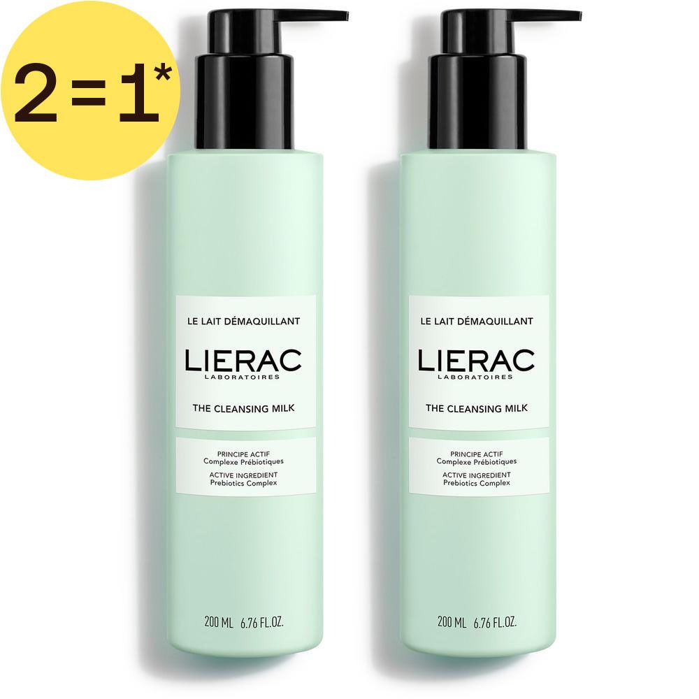 Twee lichtgroene pompflesjes Lierac Le Lait Démaquillant, 200 ml.