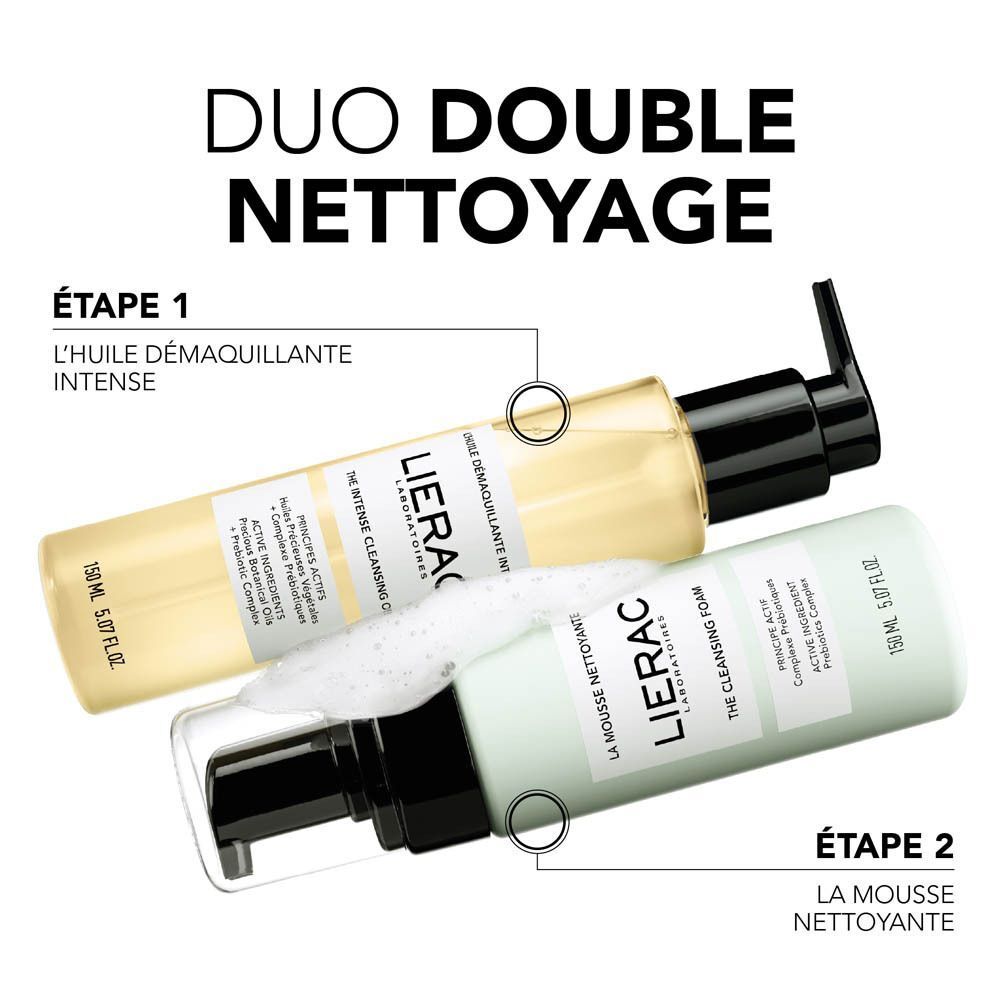 Lierac L’Huile Démaquillante Intense et La Mousse Nettoyante pour double nettoyage.
