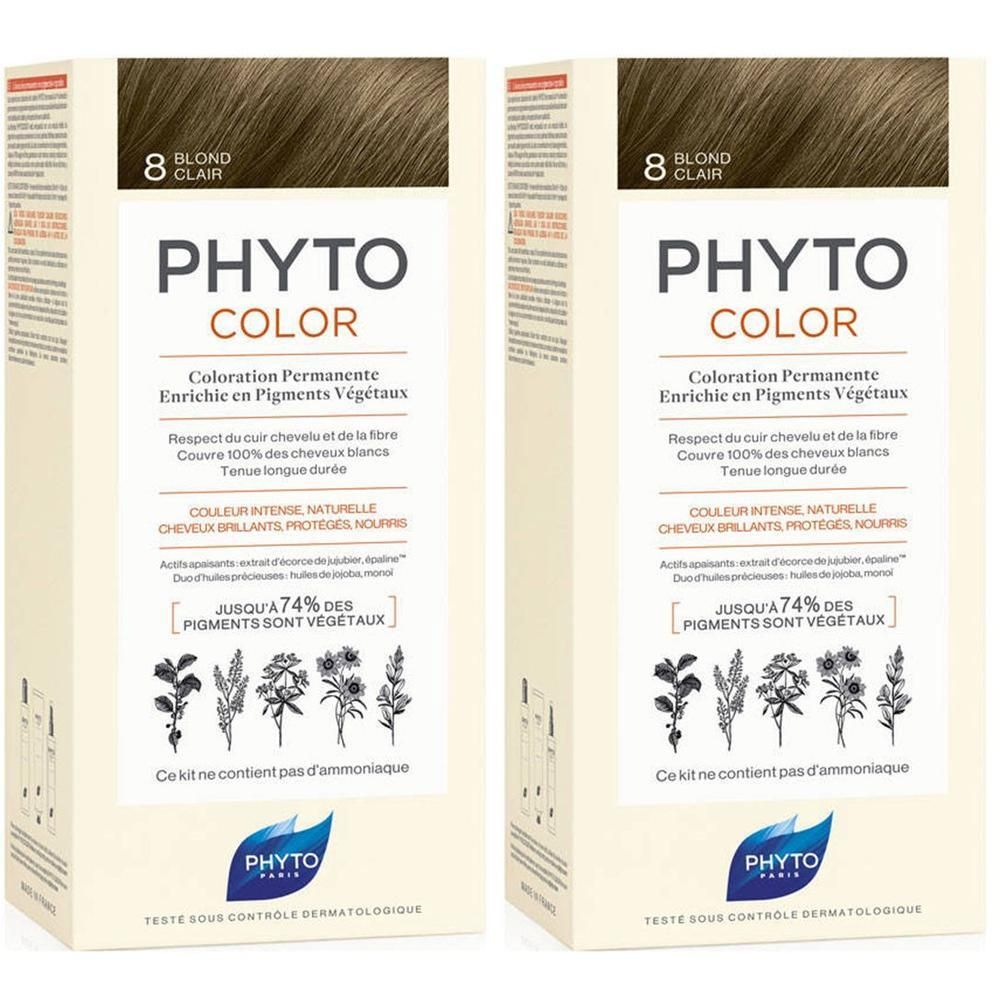 Twee pakken Phyto Phytocolor 8 Blond Clair permanente haarkleur. Bevat plantaardige pigmenten.
