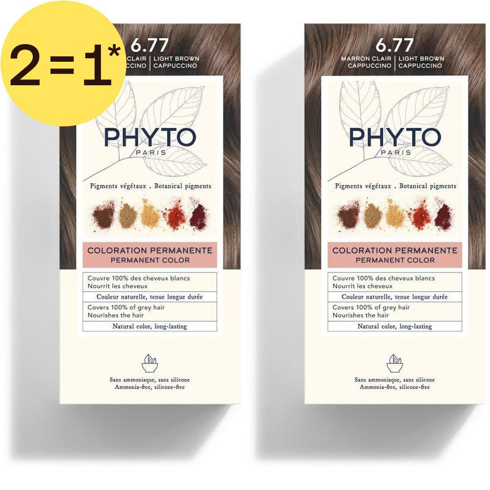 Phyto Phytocolor 6.77 Lichtbruin Cappuccino permanente haarkleuring. Toont kleurpigmenten en bladeren. Ammoniakvrij.