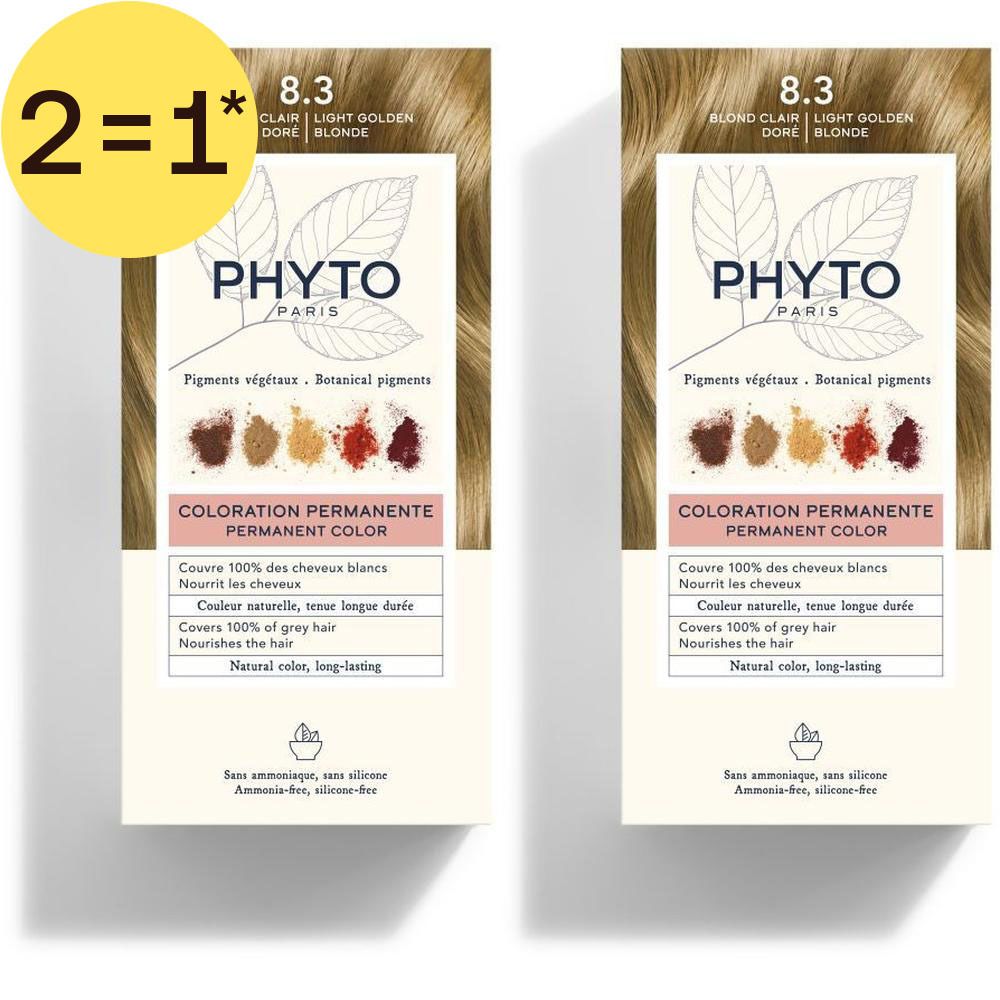 Twee pakken Phyto Phytocolor 8.3 Lichtgoudblond permanente haarkleur.
