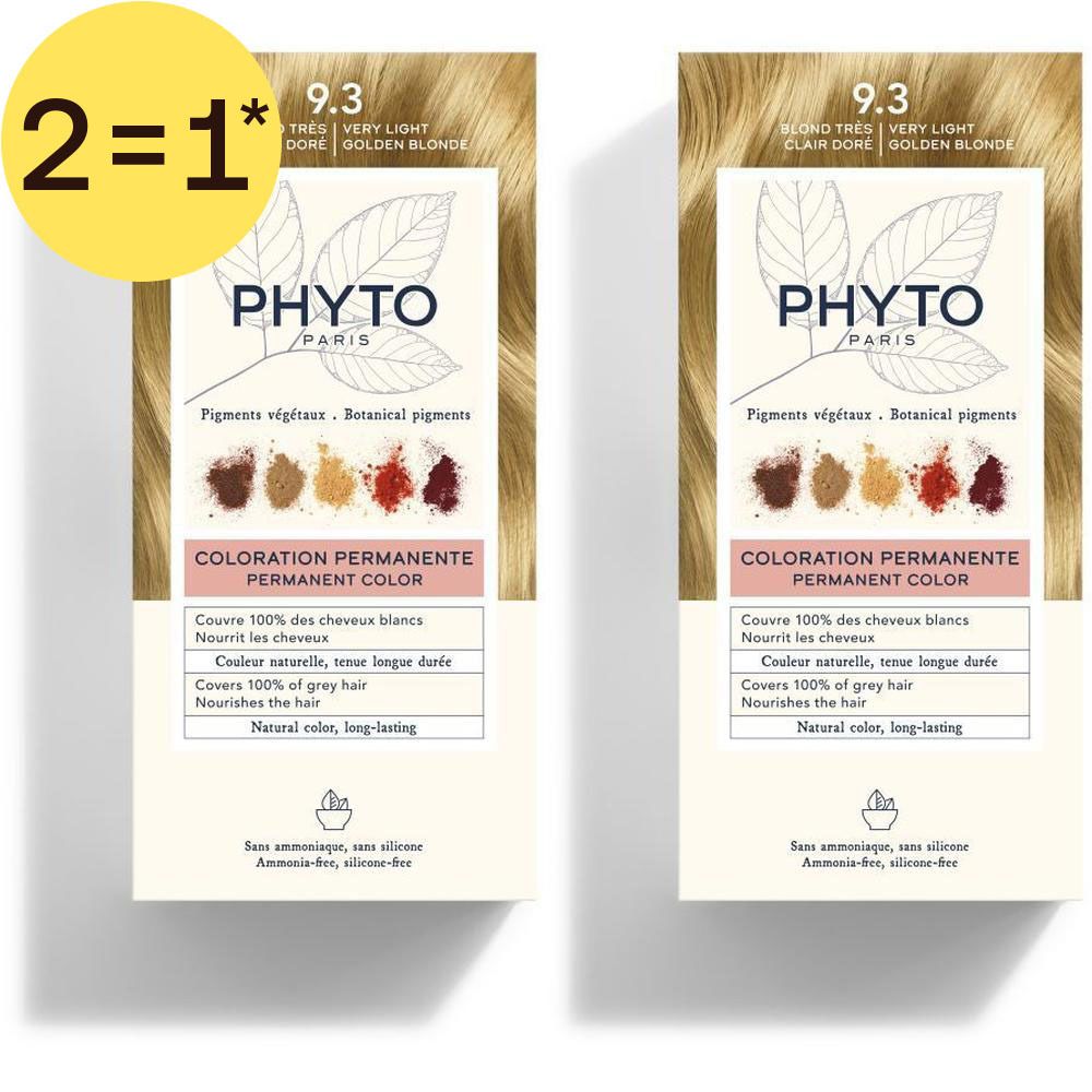 Twee pakken Phyto Phytocolor haarkleuring 9.3 Zeer Licht Goudblond. Permanente kleuring met plantaardige pigmenten.
