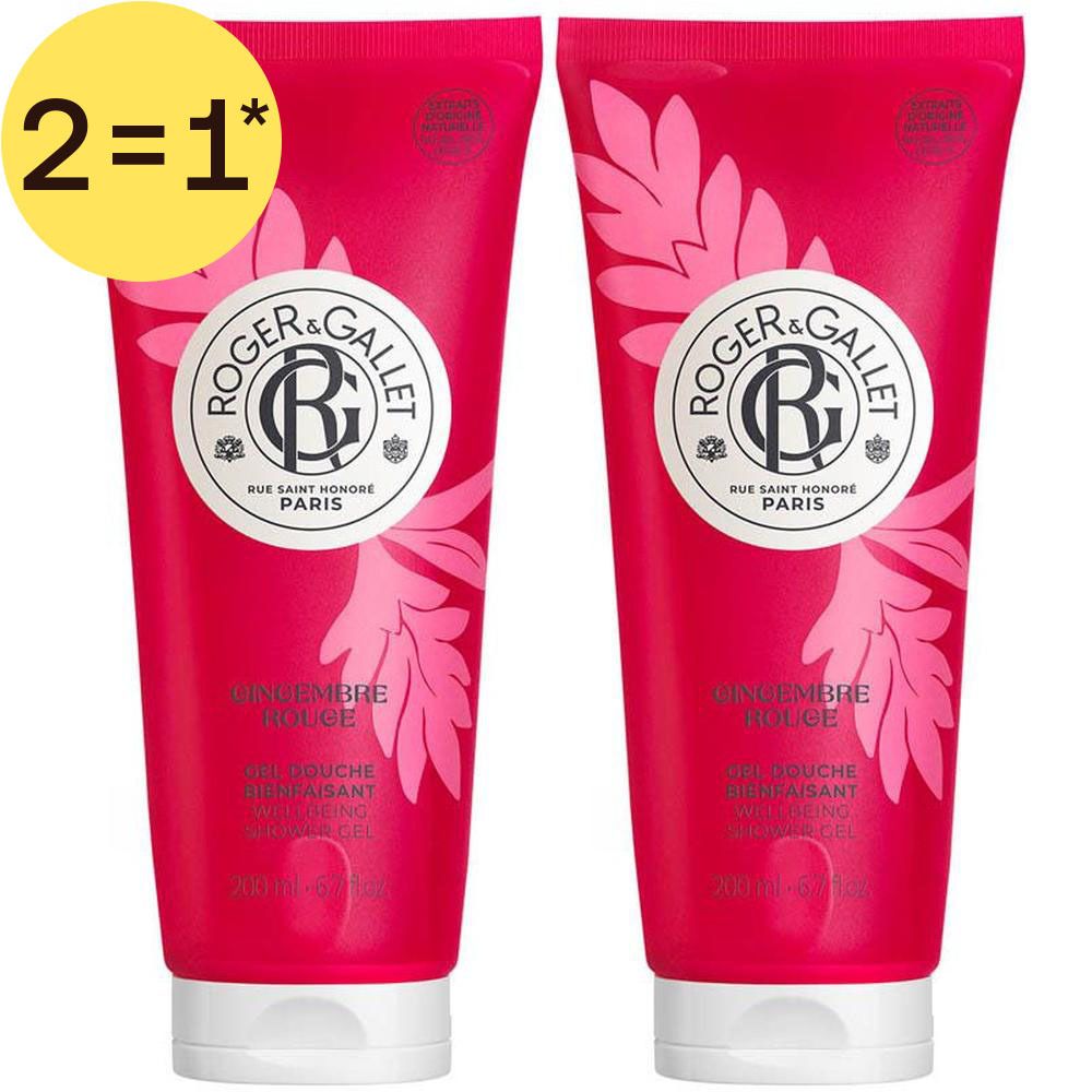 Twee rode tubes Roger & Gallet douchegel met bloemenpatroon.