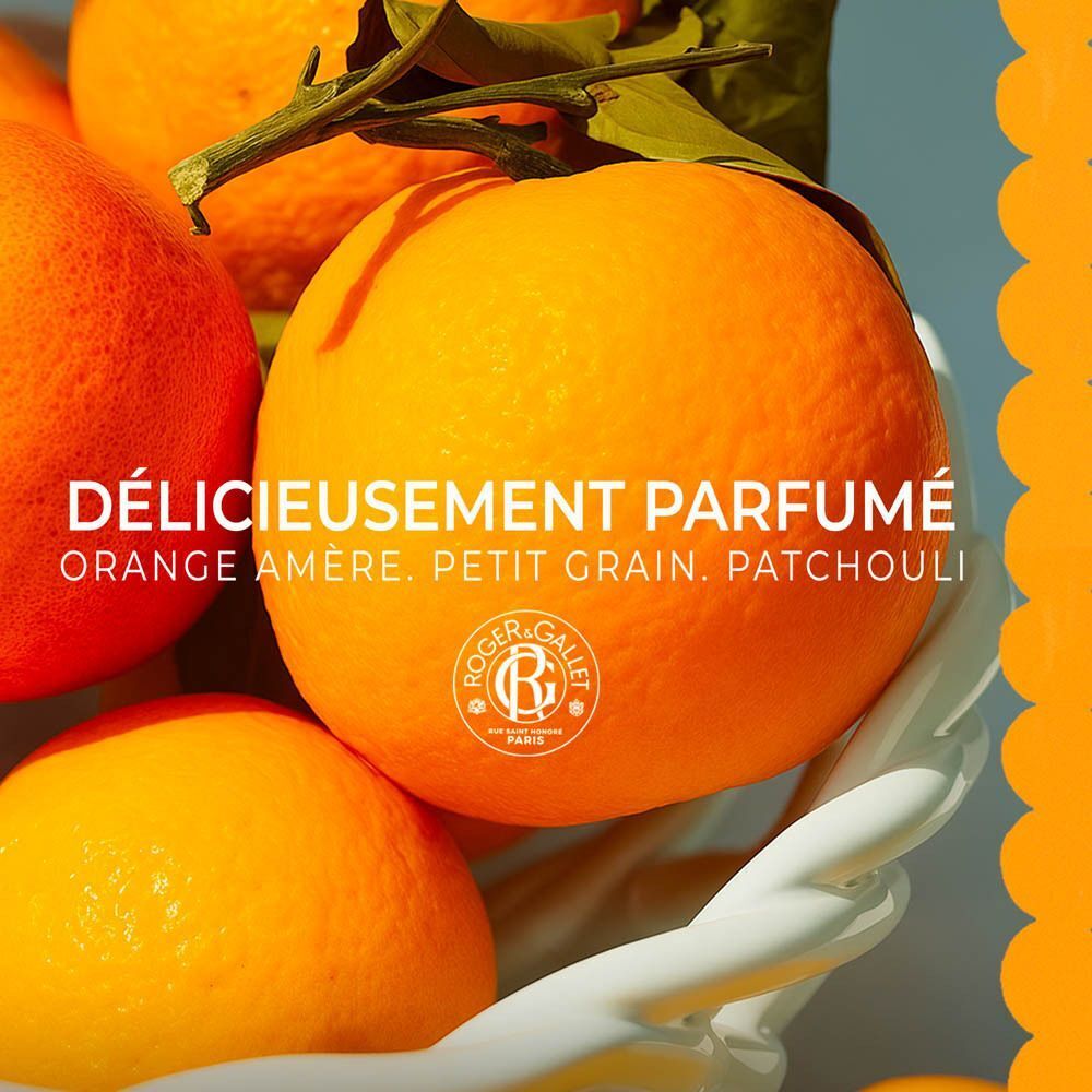 Oranges dans un panier, logo Roger & Gallet, notes de parfum: Orange amère, Petit Grain, Patchouli.