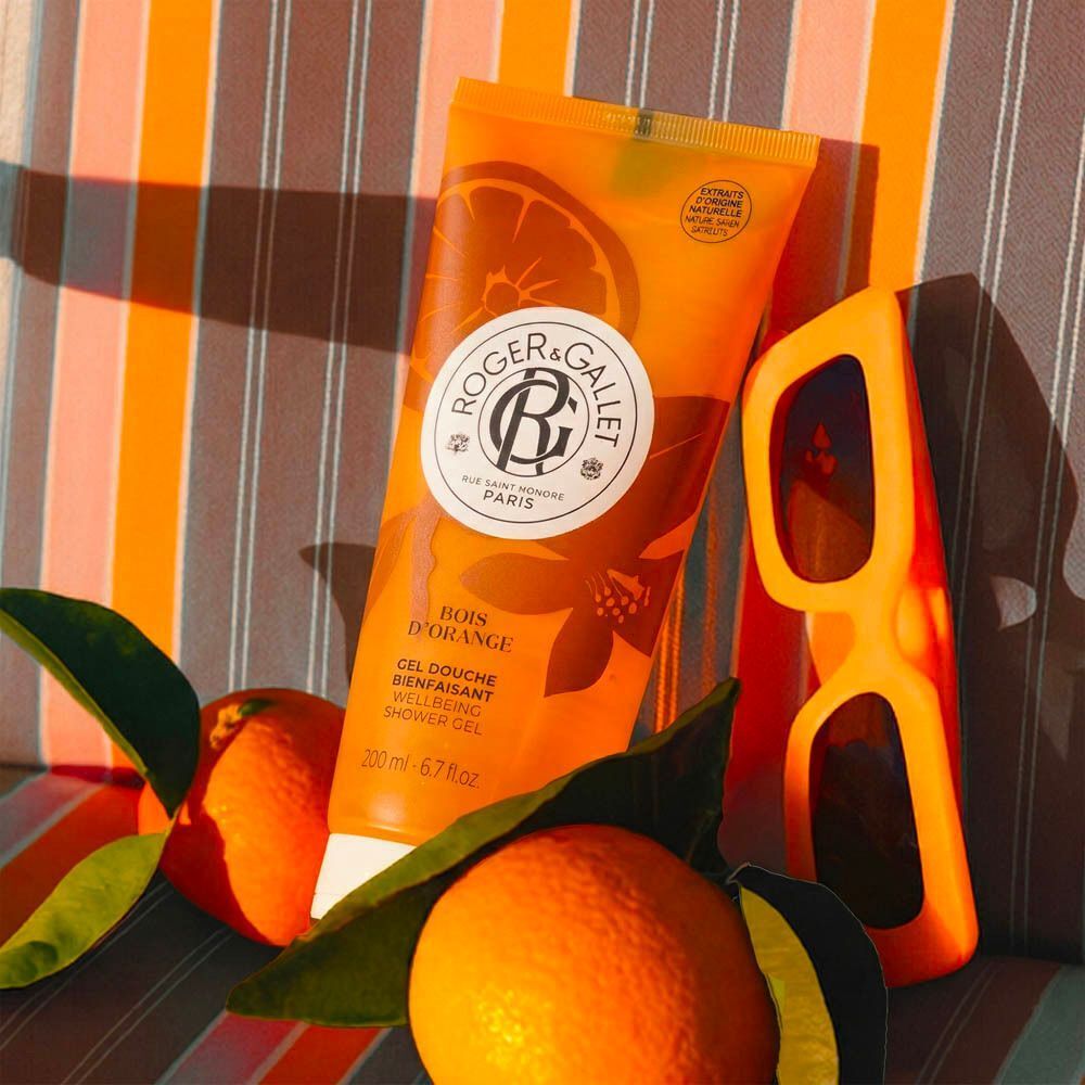 Sinaasappels in een mand, Roger & Gallet logo, geurnoten: Bittere sinaasappel, Petit Grain, Patchouli.