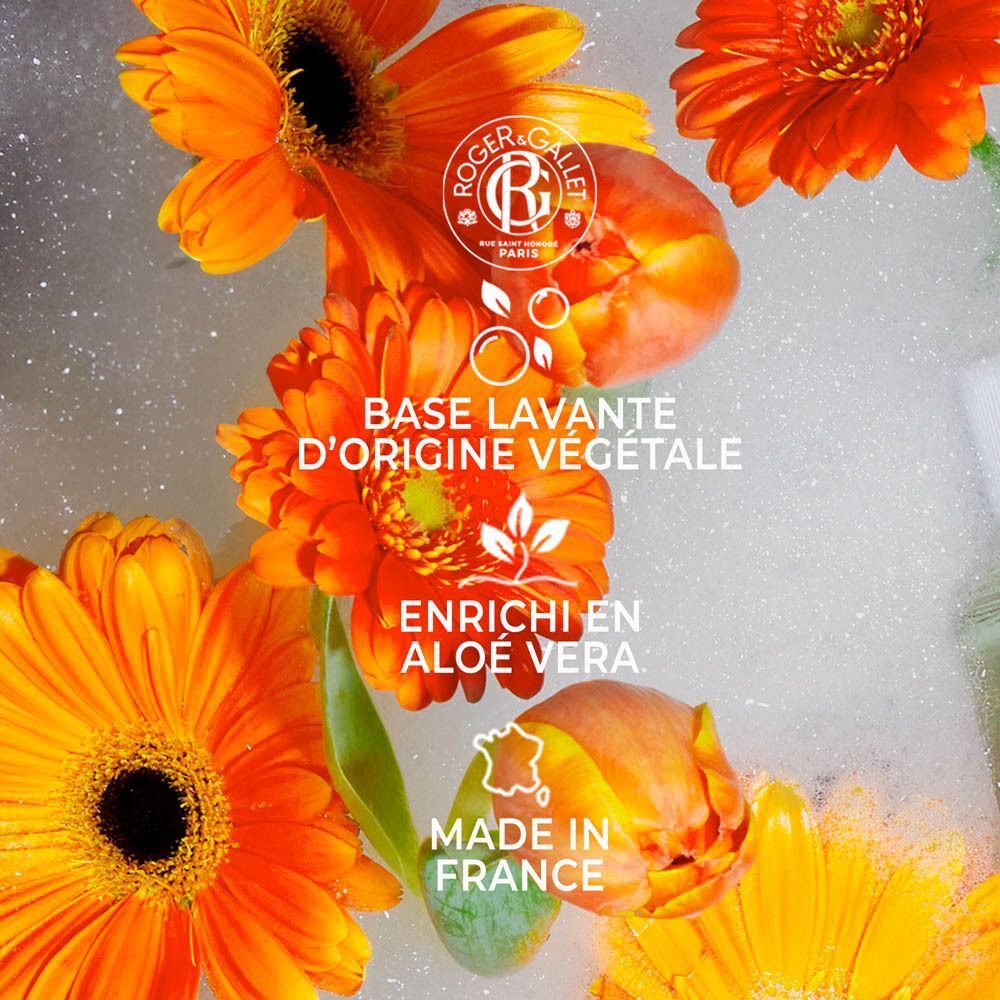 Fleurs orange vif, logo Roger & Gallet, base lavante d'origine végétale, enrichi en aloe vera, fabriqué en France.