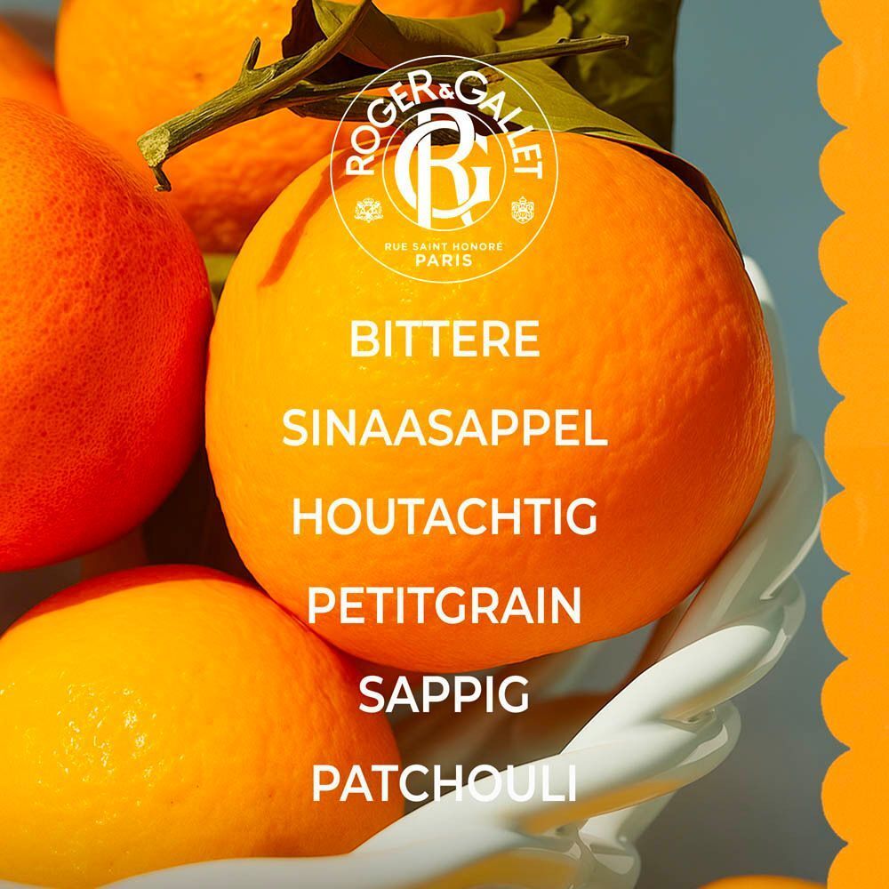 Feloranje bloemen, Roger & Gallet logo, reinigende basis van plantaardige oorsprong, verrijkt met aloë vera, made in France.