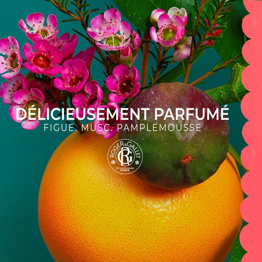 Pamplemousse et fleurs roses, logo Roger & Gallet, notes de parfum : Figue, Musc, Pamplemousse.
