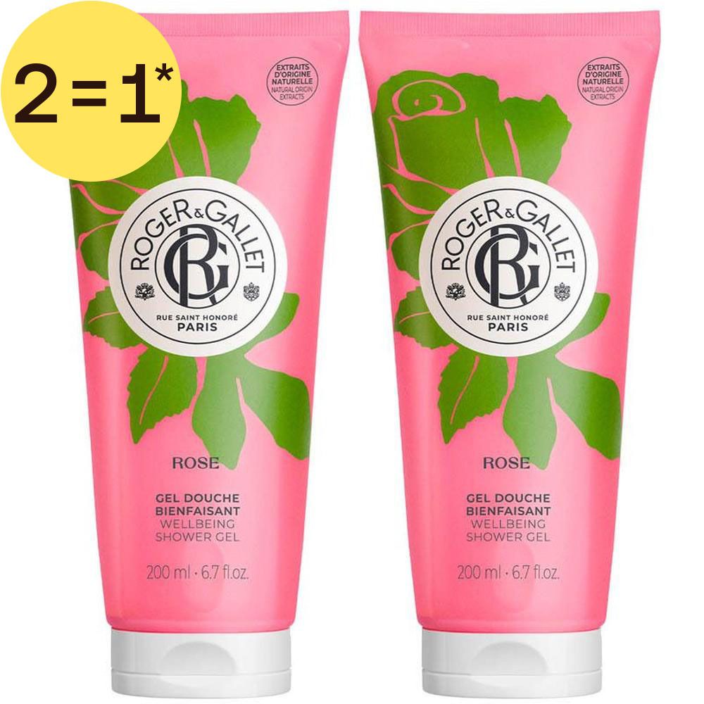 Deux tubes de gel douche rose avec motif de rose et logo Roger & Gallet.