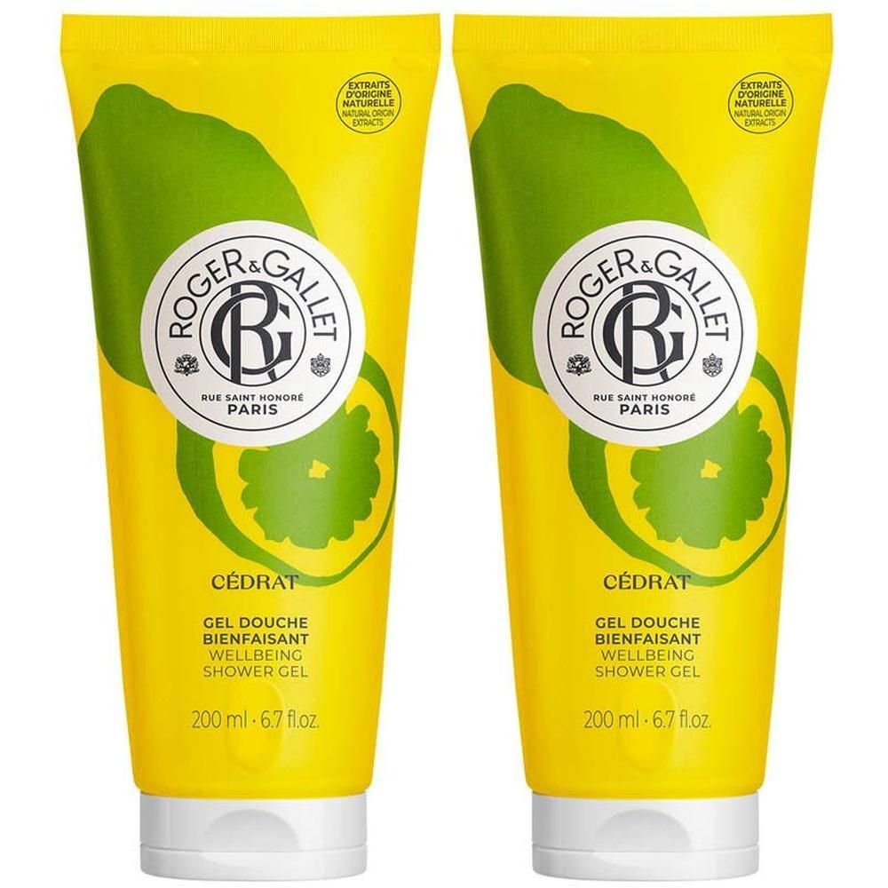 Deux tubes jaunes de gel douche Roger & Gallet Cédrat avec illustrations de citrons.