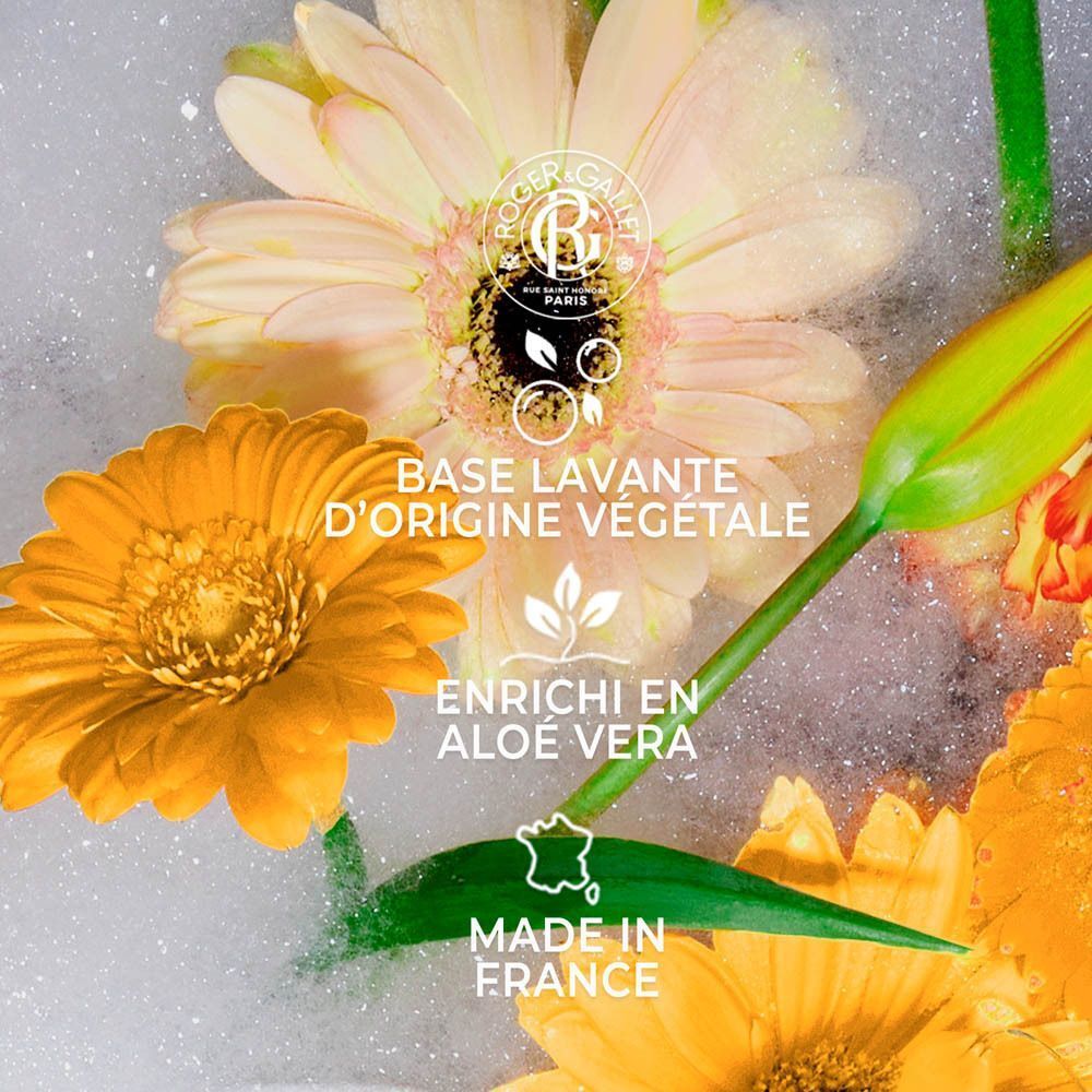 Fleurs et feuilles dans la mousse, Roger & Gallet "Fabriqué en France" et "Base végétale".