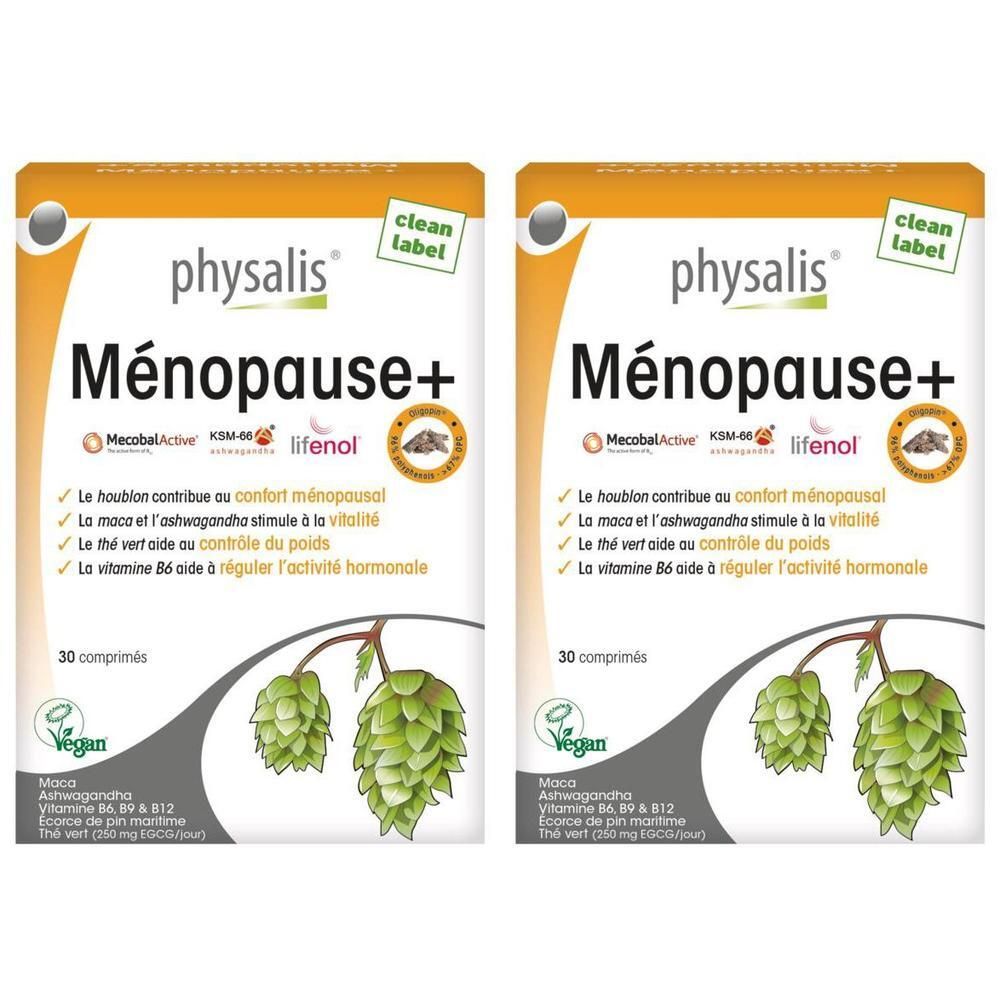 Deux boîtes de comprimés Physalis Ménopause+ de 30 comprimés chacune. Contient du houblon, maca, ashwagandha, vitamine B6 et thé vert.