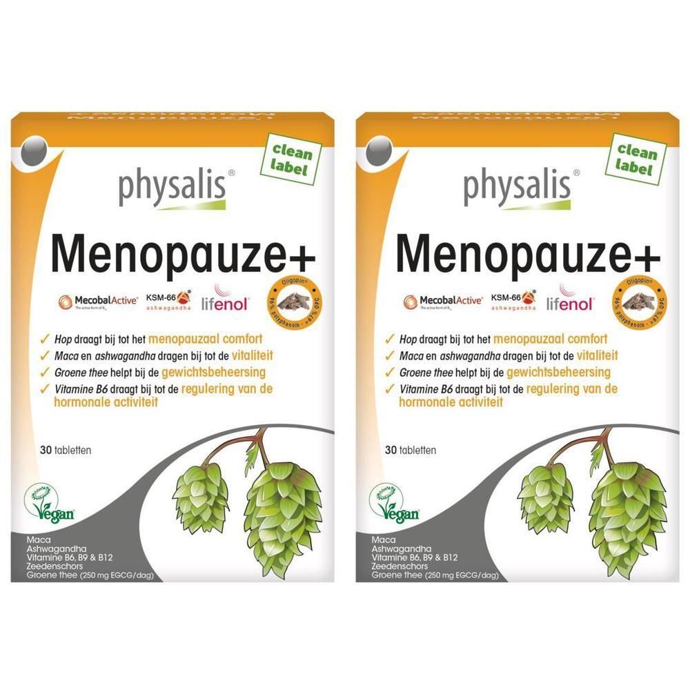 Twee verpakkingen Physalis Menopause+ tabletten, elk 30 tabletten. Met hop, maca, ashwagandha, vitamine B6 en groene thee.