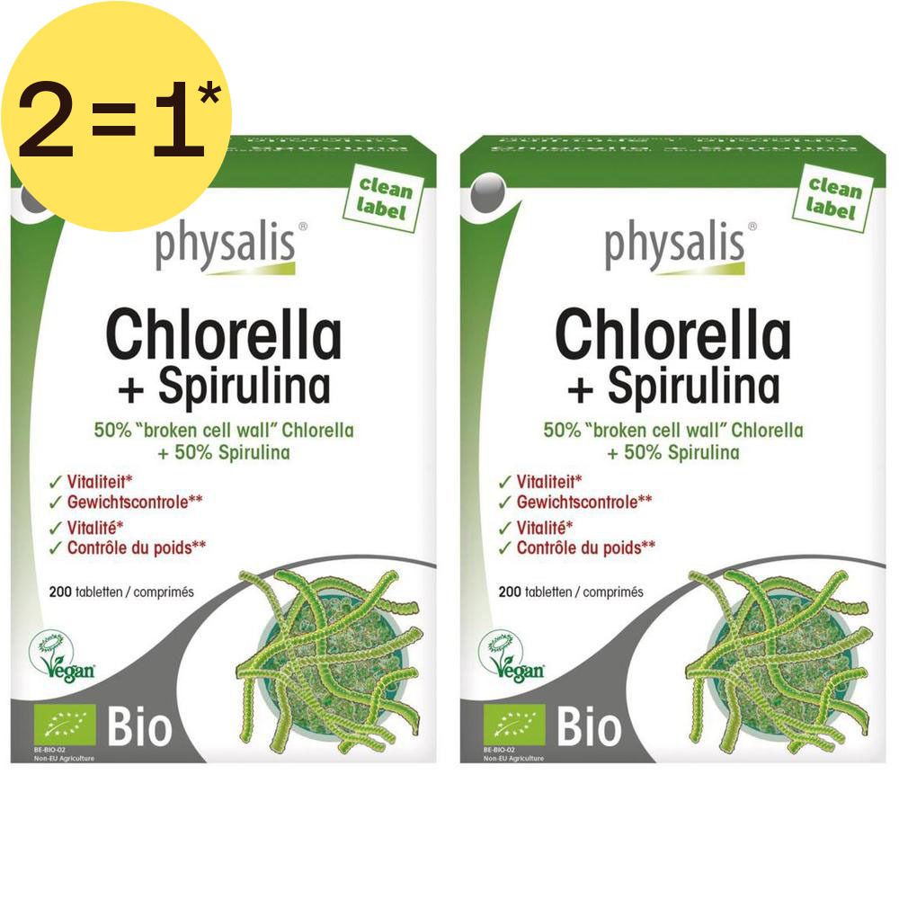 Twee verpakkingen Physalis Chlorella + Spirulina Bio tabletten. Met Vegan en Bio keurmerk.