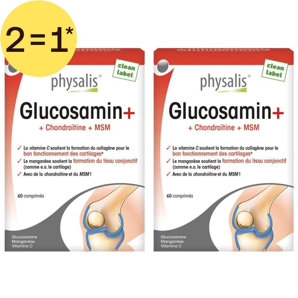 Deux boîtes de Physalis Glucosamin+ avec Chondroïtine et MSM. 60 comprimés par boîte. Illustration d'articulations.