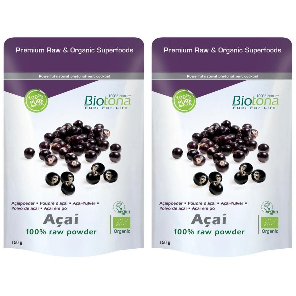 Deux paquets de poudre d'açaí Biotona 100% brute, 150g.