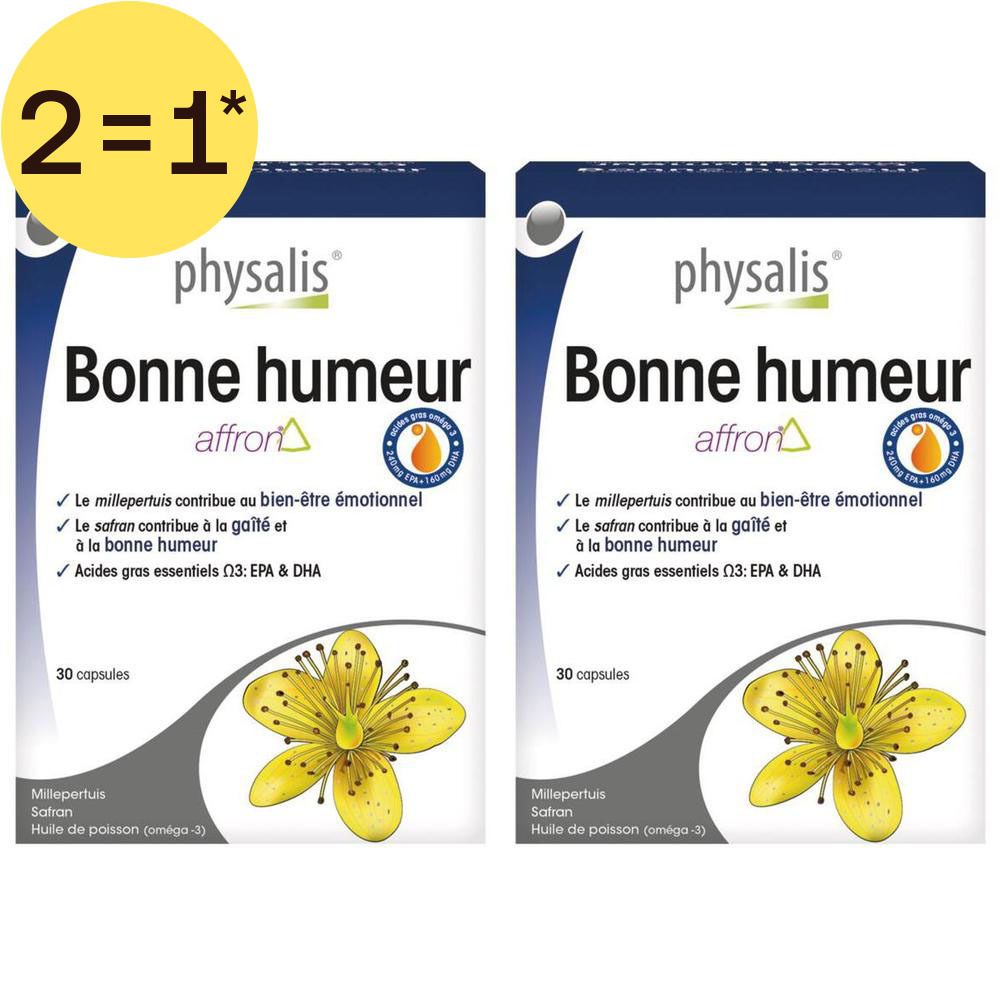 Deux boîtes Physalis Bonne Humeur, 30 capsules chacune, avec image d'une fleur jaune.