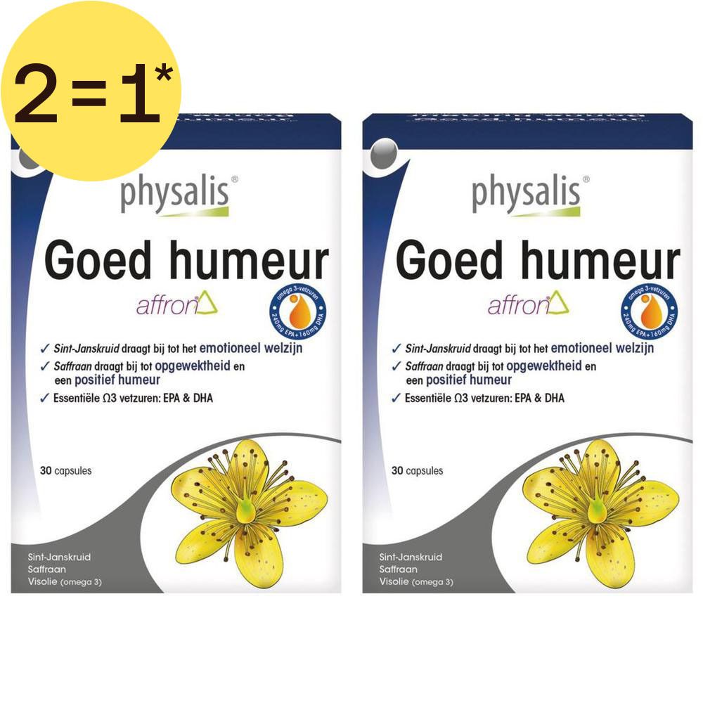 Twee verpakkingen Physalis Goed Humeur, elk 30 capsules, met afbeelding van een gele bloem.
