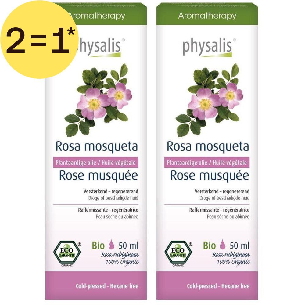Twee flessen Physalis Rose Musqueta biologische plantaardige olie, 50 ml. Koudgeperst, hexaanvrij.