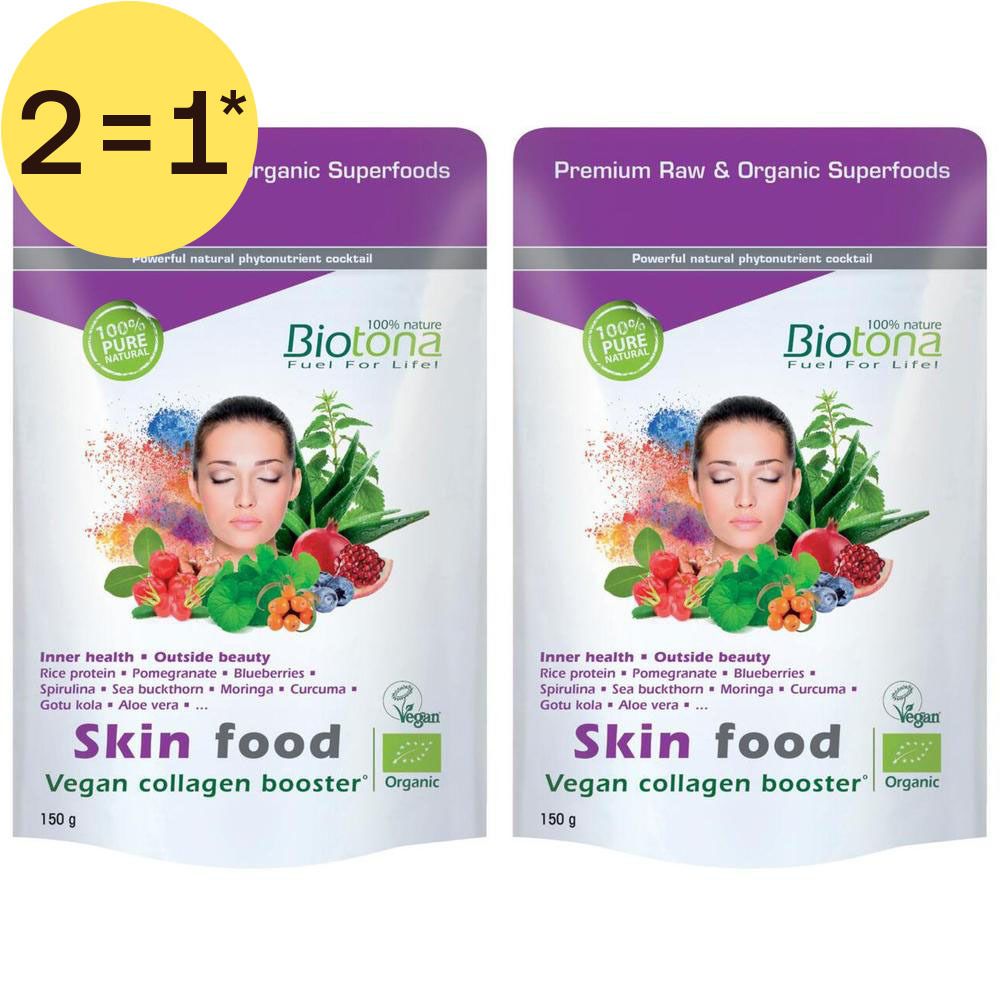 Deux paquets Biotona Skin Food, booster de collagène végétalien, 150g. Superaliments crus et bio.
