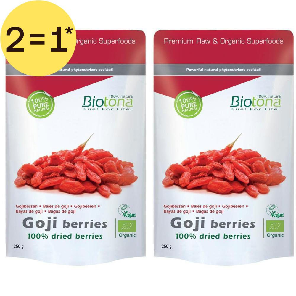 Twee pakken Biotona Biologische Goji Bessen, 100% gedroogde bessen, 250g.