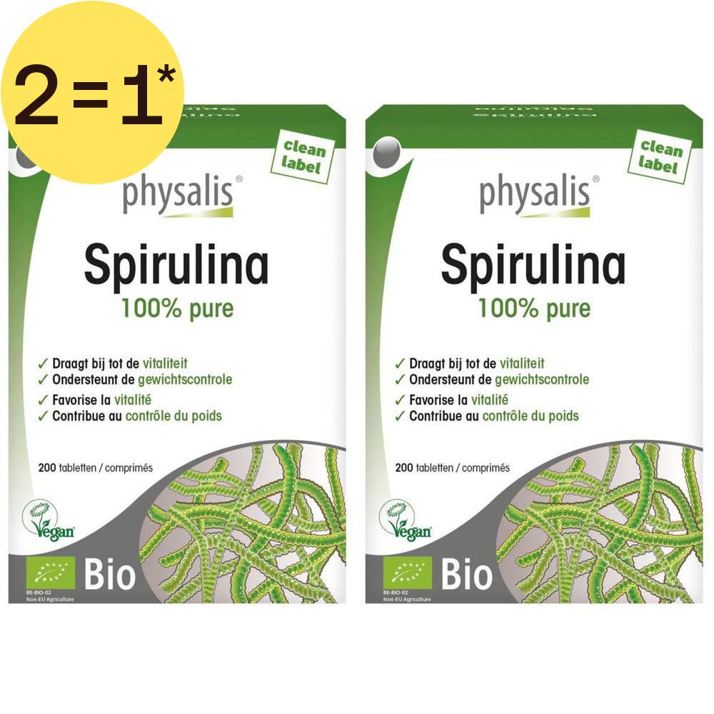Deux paquets de Physalis Spirulina Bio, 100% pur, 200 comprimés par paquet. Avec labels Bio et Vegan.
