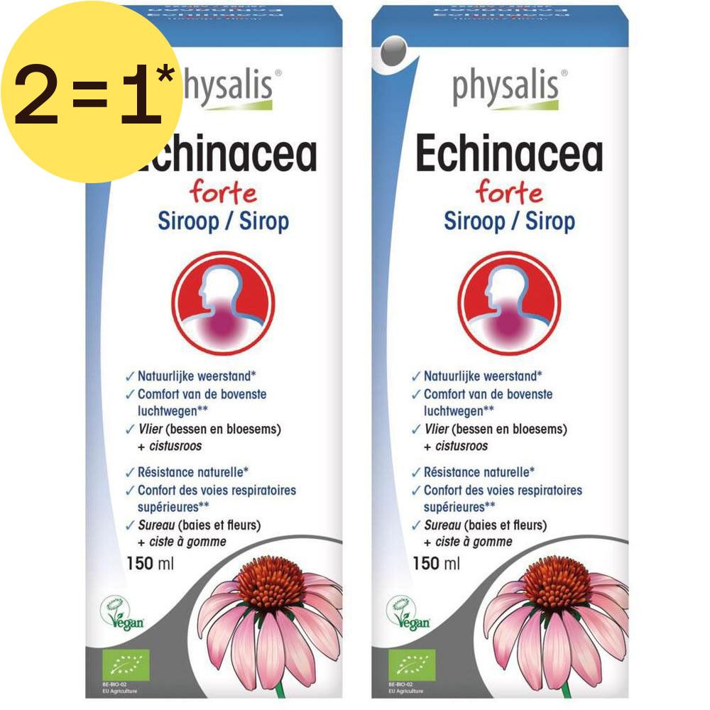 Twee verpakkingen Physalis Echinacea Forte Siroop, 150 ml. Met echinaceabloem en symbool voor luchtwegen.