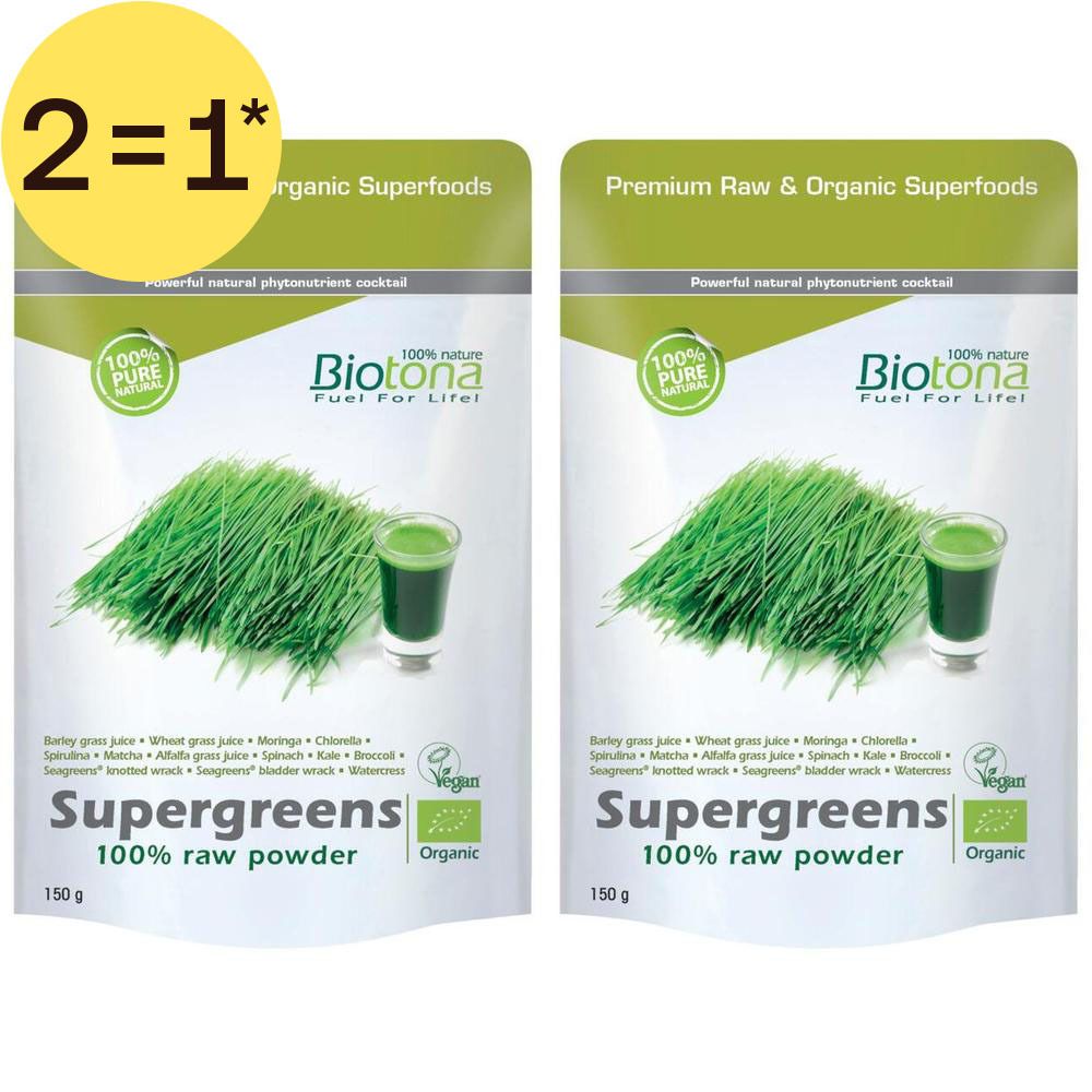 Deux paquets de Biotona Supergreens poudre brute à 100%, 150g. Avec de l'herbe et un shot de jus vert.