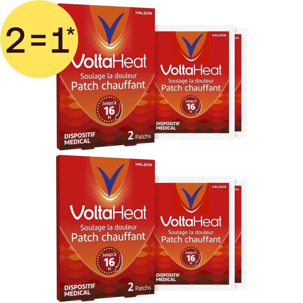 Deux paquets de Patchs chauffants VoltaHeat, chacun contenant 2 patchs.
