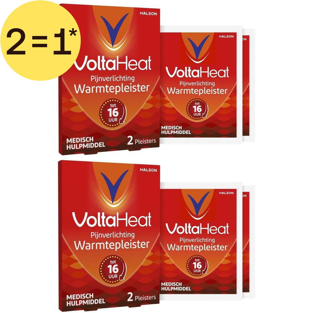 Twee verpakkingen VoltaHeat Warmtepleisters, elk met 2 pleisters.