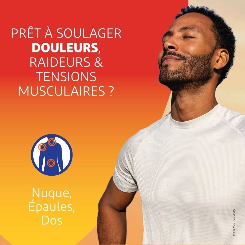 Homme yeux fermés, détendu. VoltaHeat soulage douleurs nuque, épaules, dos.