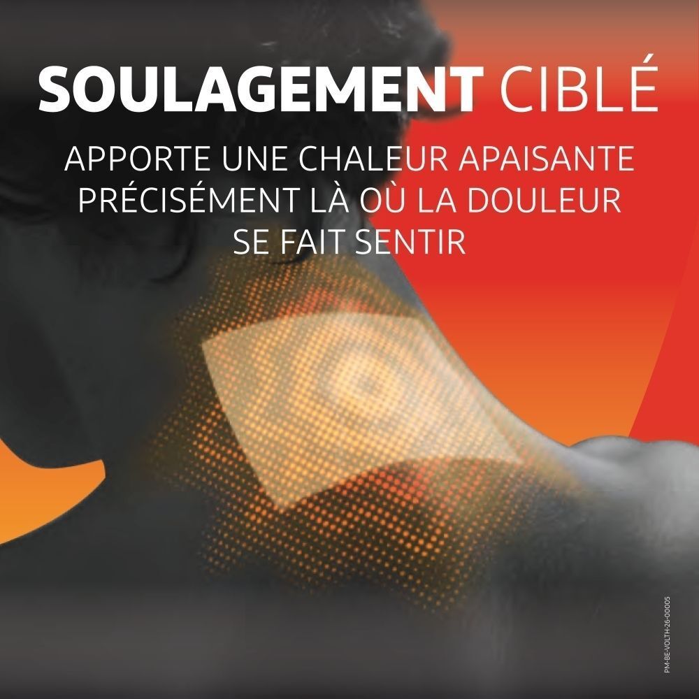 Patch chauffant VoltaHeat appliqué sur la nuque pour un soulagement ciblé de la douleur.