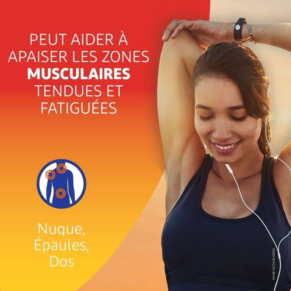 Femme s'étirant, le Gel Volta Heat peut apaiser les zones musculaires.