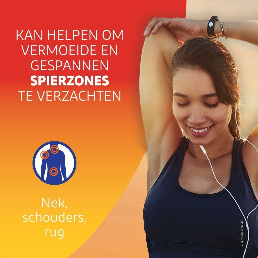 Vrouw die rekt, Volta Heat Gel kan helpen bij spierzones.