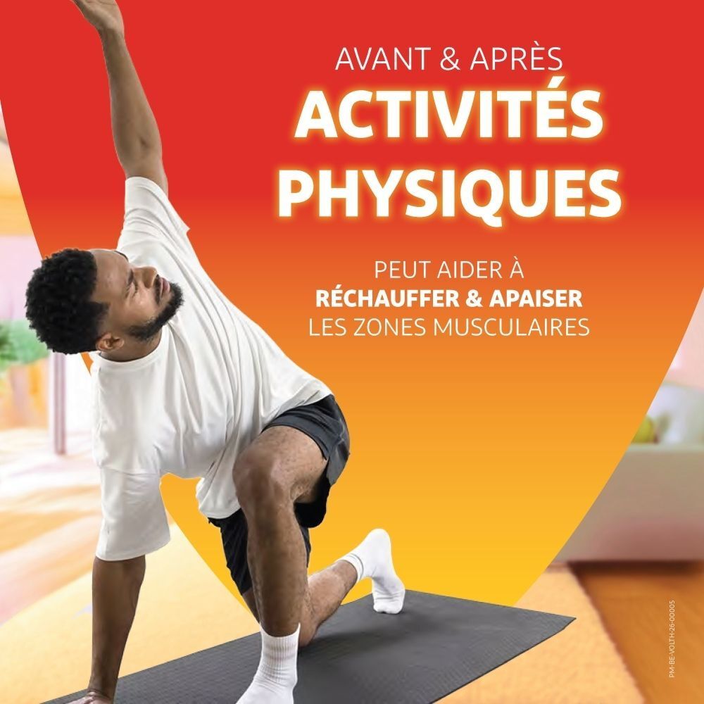 Homme en mouvement, Gel Volta Heat avant et après activité physique.