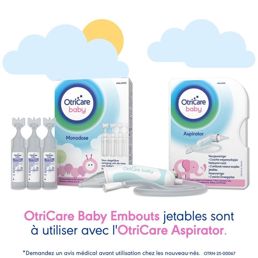 Ensemble OtriCare Baby : aspirateur nasal, embouts jetables et monodoses.