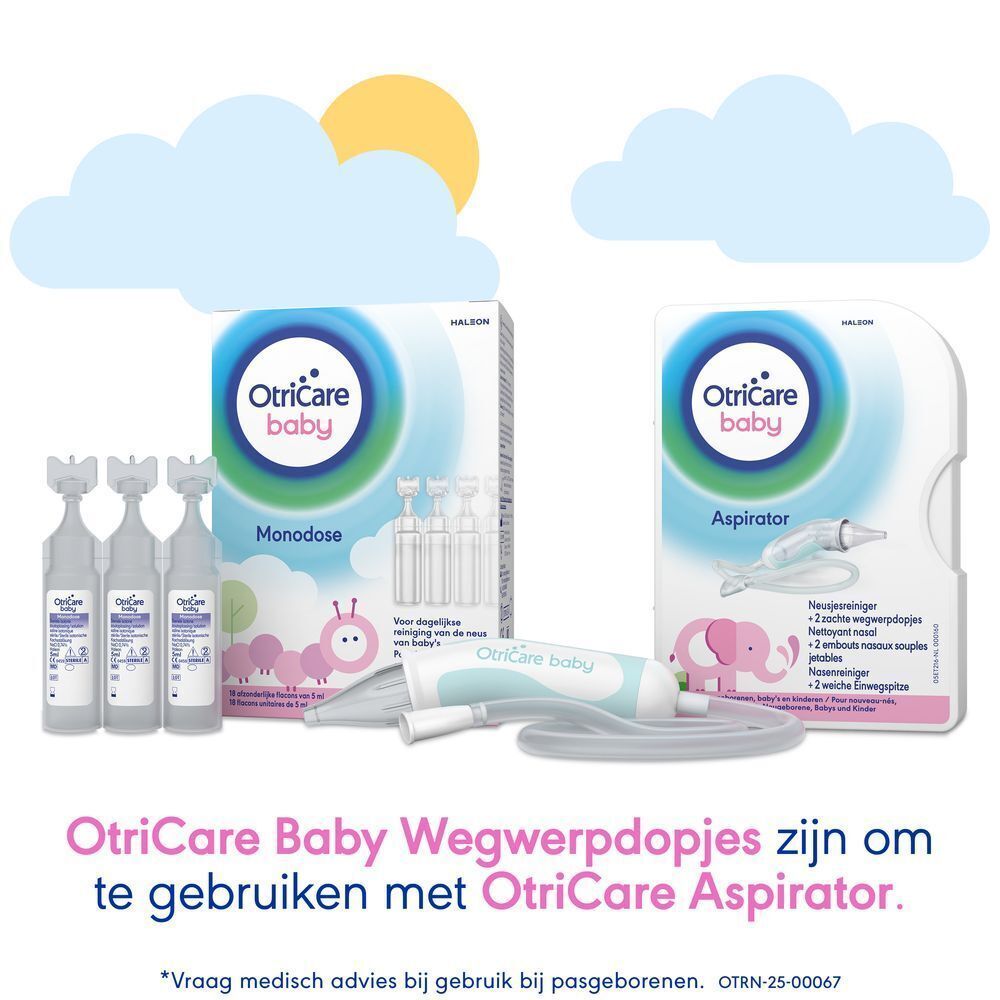 OtriCare Baby set: neusreiniger, wegwerpdoppen en monodosis ampullen.