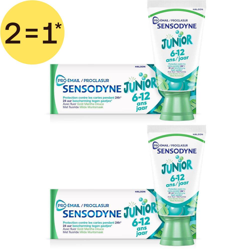 Deux tubes et boîtes de dentifrice Sensodyne Junior pour enfants de 6 à 12 ans.