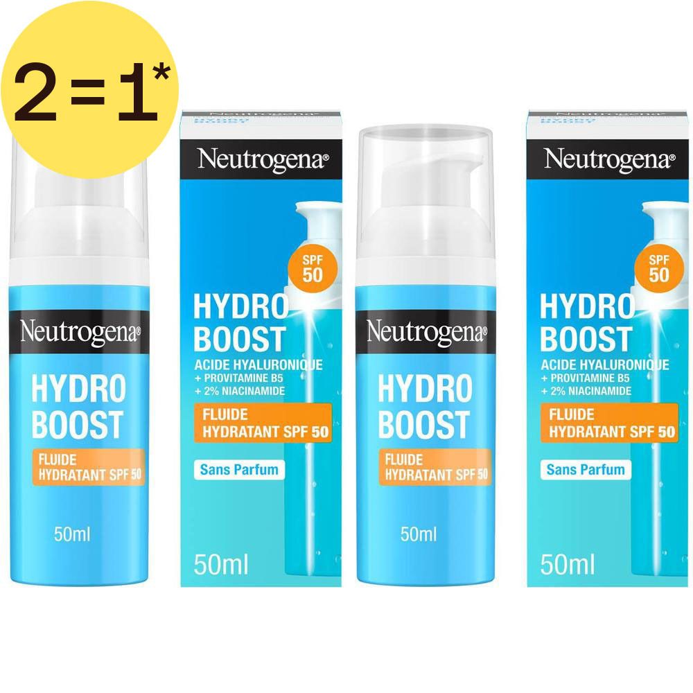 Quatre flacons de Fluide Hydratant Neutrogena Hydro Boost SPF 50 avec distributeurs à pompe.